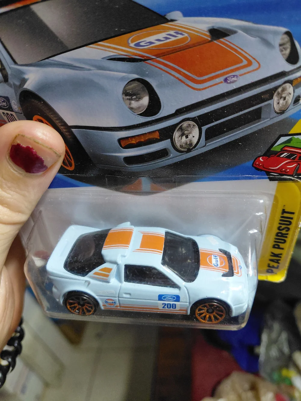 the Hot Wheels Ford RS200 in the iconic light blue and orange Gulf racing livery